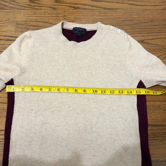 J. Crew Tan and Burgundy Elbow Patch Cashmere Wool Sweater Size S - Picture 9 of 11